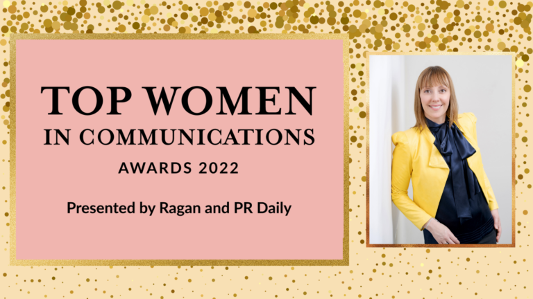 Graphic design and Anat's headshot. Text reads "Top Women in Communications Awards 2022. Presented by Ragan and PR Daily."